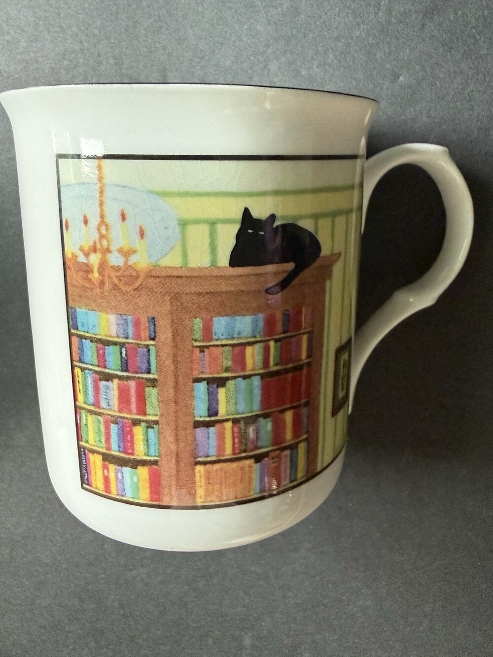 Sue Boettcher Black Cat Bookcase Bone China Coffee Mug Staffordshire 1980s